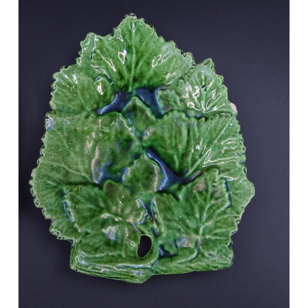 Vintage Made in Portugal Ceramic Leaf Plates Set of 2 Green Majolica Style 7.5"